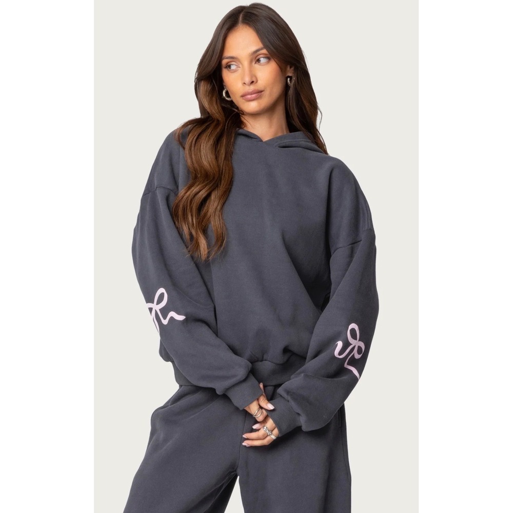Edikted Women Charcoal Gray Oversized Hoodie Pink Bow Sleeve Graphic Medium NWOT